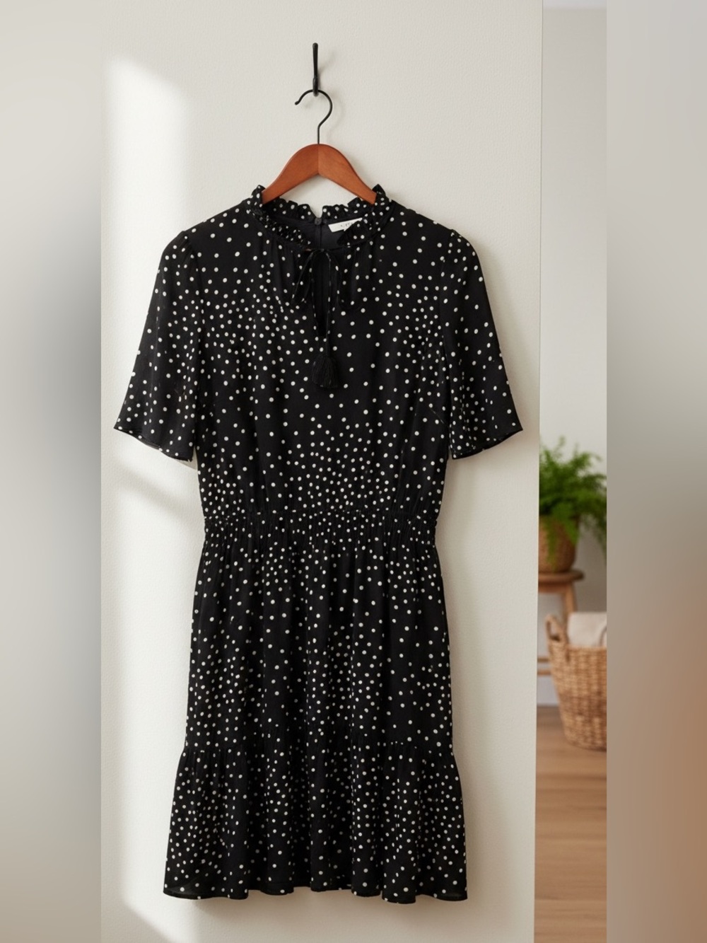 Gabby Skye Black White Polka Dot Smocked Waist Tiered Hem Dress Size 8